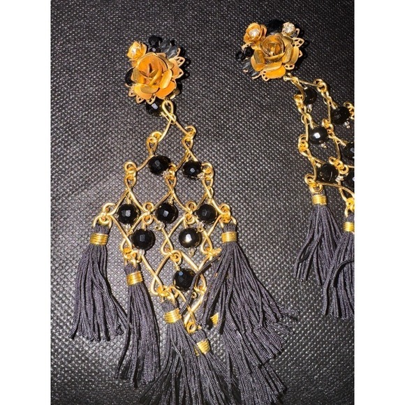 Statement Earrings Black Beaded Tassel Dangle Clip On Gold Rose Party - Picture 4 of 6